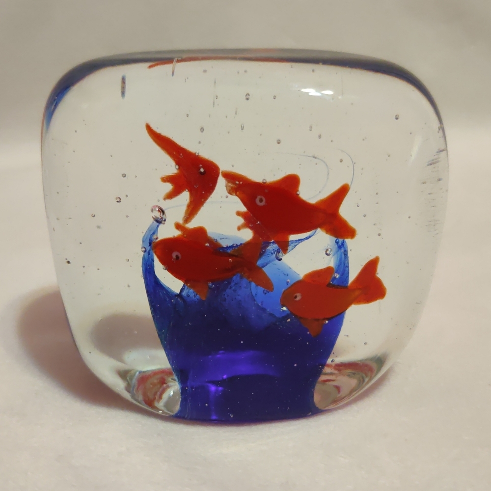 Vtg Murano Style Glass Paperweight 6" Goldfish  Angel Fish Aquarium Blue Coral